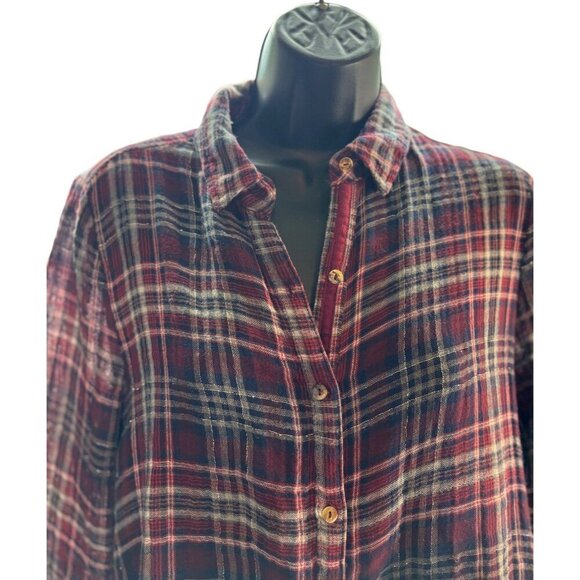 Johnny Was Workshop Navy & Wine Plaid Velvet-Back Button Down Shirt, Size XS - Picture 3 of 5